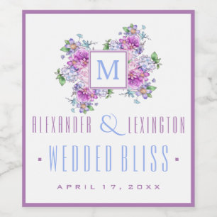 Blauwe Lavendel Waterverf Bloemen Monogram Bruilof Wijn Etiket
