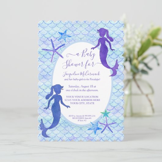 Blauwe Lavendel Zeemeermin Waterverf Baby Meisje D Kaart (Staand voorkant)