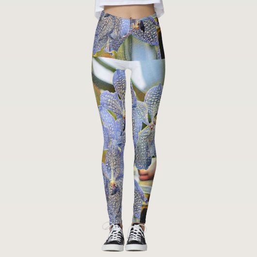 Blauwe lavender met orchidee bloemen leggings (Voorkant)