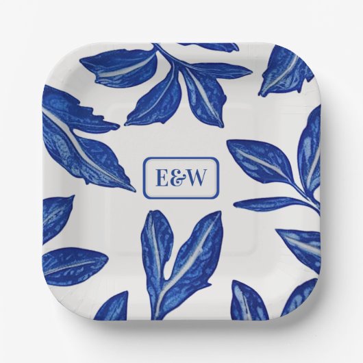 Blauwe lederaarsmutif met gelaagde Initialen Papieren Bordje (Voorkant)