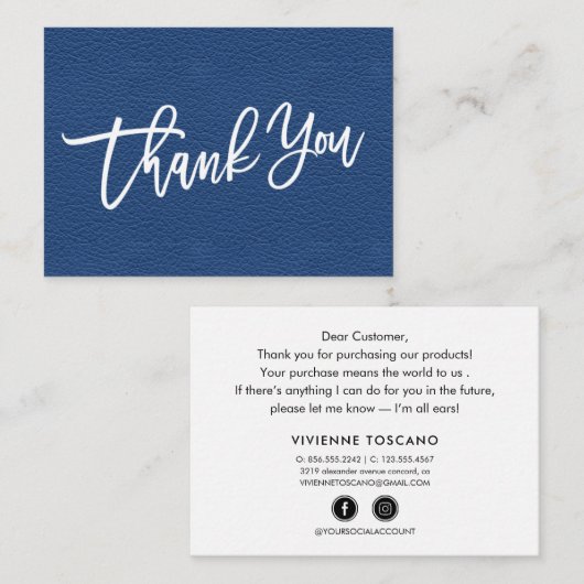 Blauwe lederen hand geschreven Hartelijk dank aan  Informatiekaartje (Voorkant / Achterkant)