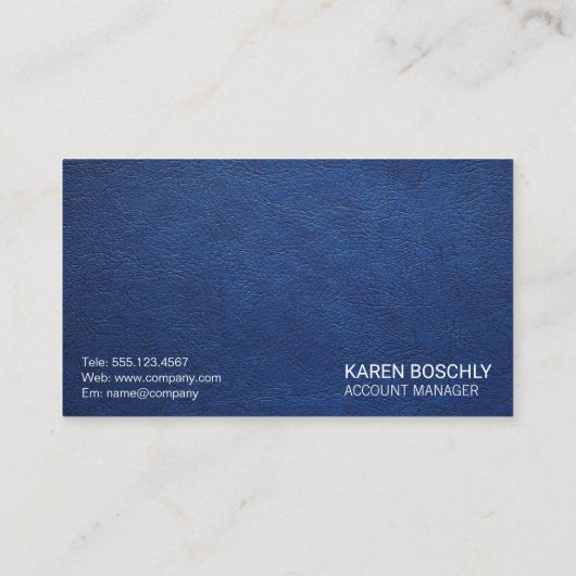 Blauwe lederen textiel met goudschild visitekaartje (Achterkant)