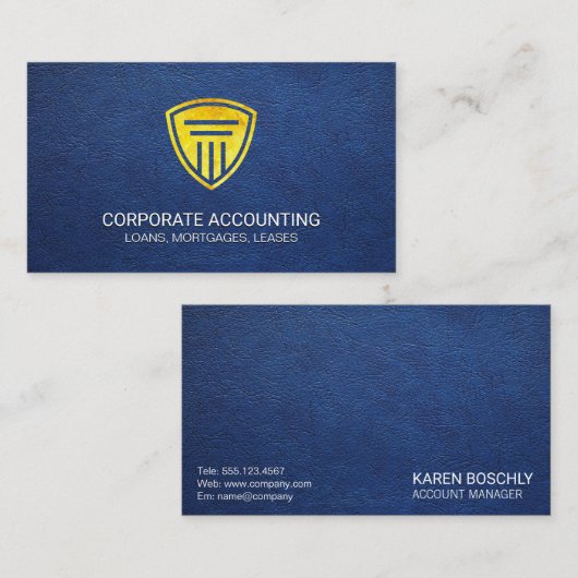 Blauwe lederen textiel met goudschild visitekaartje (Voorkant / Achterkant)