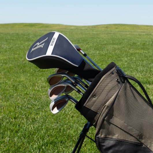 Blauwe lederen textuur Witte monogram Naam Golfheadcover (Insitu)