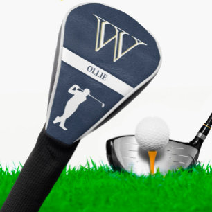 Blauwe lederen textuur Witte monogram Naam Golfheadcover