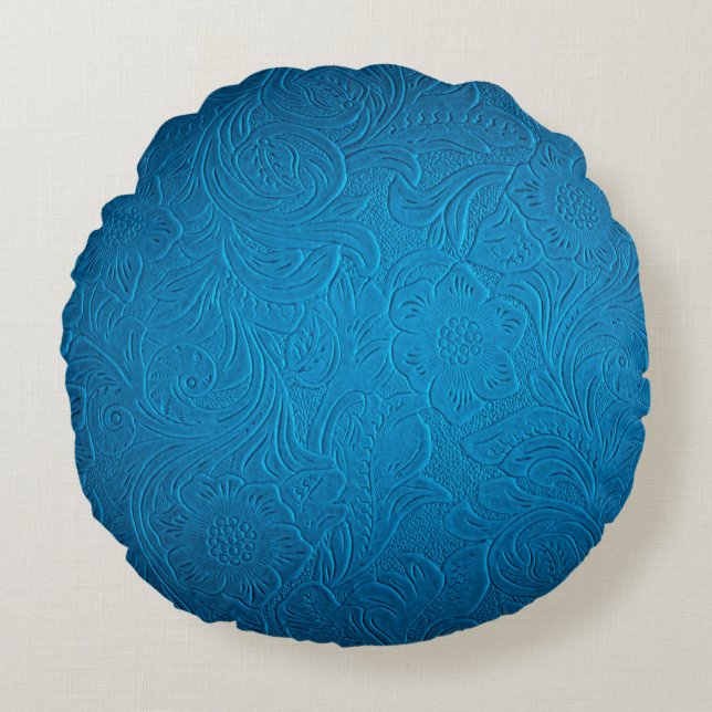 Blauwe ledertextuur rond kussen (Voorkant)