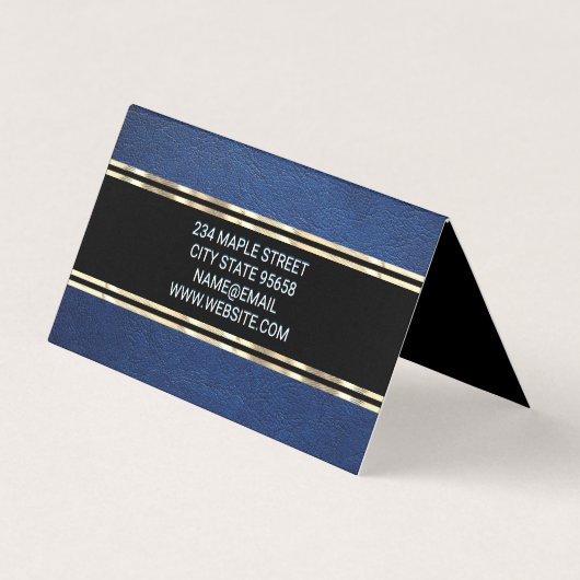 Blauwe Leer Textuur | Goud Trim Metallic Folie Visitekaartje (Achterkant)