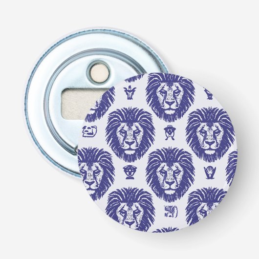 Blauwe leeuwenkop button flesopener (Voorkant)