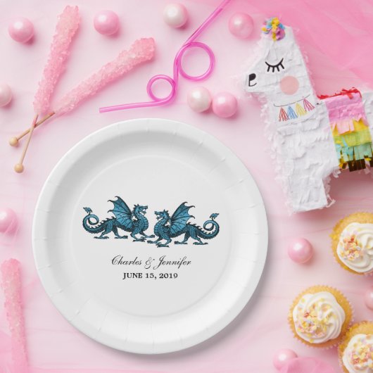 Blauwe legant dragons Wedding Paper-Borden Papieren Bordje (Feest)
