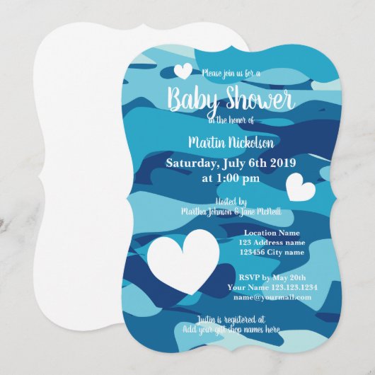 Blauwe leger camo babyshower uitnodigingen met har (Voorkant / Achterkant)
