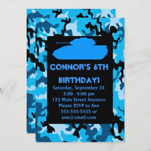 Blauwe Leger Camouflage Birthday Party - Uitnodigi Kaart (Voorkant / Achterkant)