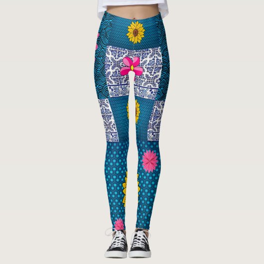 blauwe leggings floraal lange afdruk (Voorkant)