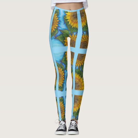 Blauwe Leggings met gele zonnebloemen en strepen (Voorkant)