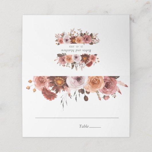 Blauwe leisteen, Bourgogne en Blush Bloemen, Huwel Plaatskaartje (Buitenkant ongevouwen)