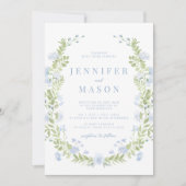 Blauwe lente bloemen groen bruiloft uitnodiging (Voorkant)