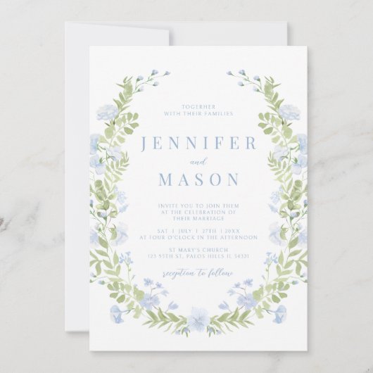 Blauwe lente bloemen groen bruiloft uitnodiging (Voorkant)