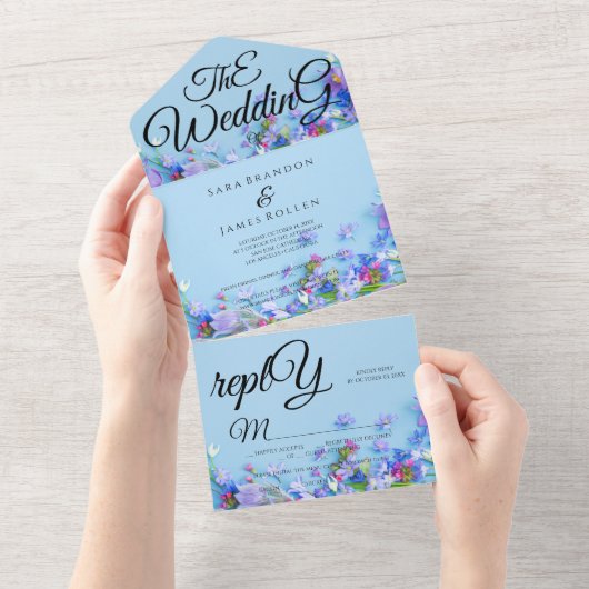 Blauwe lente romantische kalligrafie de bruiloft all in one uitnodiging (Afscheurbaar)