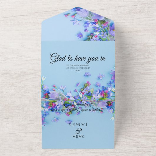 Blauwe lente romantische kalligrafie de bruiloft all in one uitnodiging (Buitenkant)