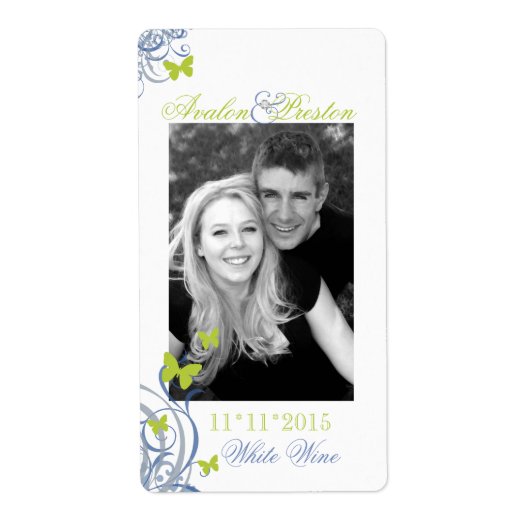 Blauwe lente vlinder bruiloft wijn label (Voorkant)