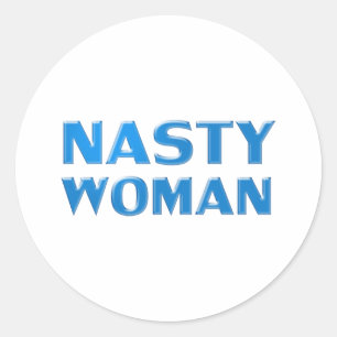 blauwe letters van de " akelige vrouw " , witte ac ronde sticker