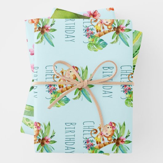 Blauwe Leuke Aap Gepersonaliseerde Gelukkige Verja Inpakpapier Vel (In situ)