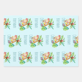 Blauwe Leuke Aap Gepersonaliseerde Gelukkige Verja Inpakpapier Vel