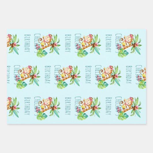 Blauwe Leuke Aap Gepersonaliseerde Gelukkige Verja Inpakpapier Vel (Voorkant)