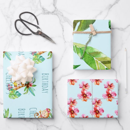 Blauwe Leuke Aap Gepersonaliseerde Gelukkige Verja Inpakpapier Vel (Voorkant)