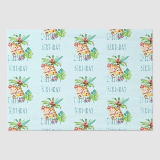 Blauwe Leuke Aap Gepersonaliseerde Gelukkige Verja Tissuepapier (Voorkant)