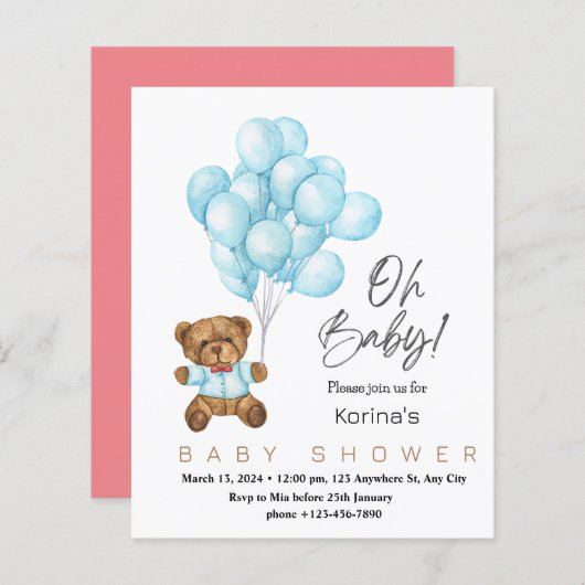 Blauwe leuke baby shower uitnodiging met Teddy bea (Voorkant / Achterkant)