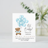 Blauwe leuke baby shower uitnodiging met Teddy bea (Staand voorkant)