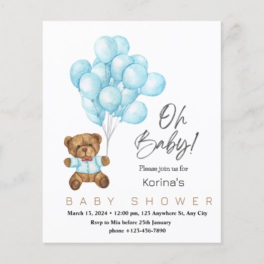 Blauwe leuke baby shower uitnodiging met Teddy bea (Voorkant)