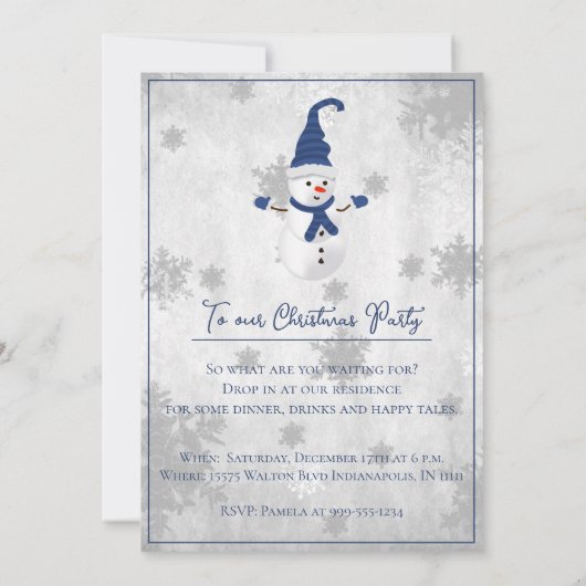 Blauwe Leuke Sneeuwman Kerstfeest Uitnodiging (Achterkant)
