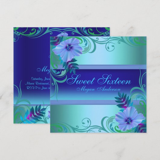 Blauwe Levendige Bloem Sweet Sixteen Uitnodigen Kaart (Voorkant / Achterkant)