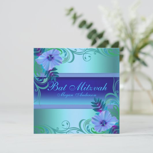 Blauwe Levendige Bloemknuppel Mitswa Uitnodigen Kaart (Staand voorkant)