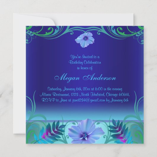 Blauwe Levendige Bloemknuppel Mitswa Uitnodigen Kaart (Achterkant)