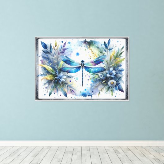 Blauwe Libel Botanische Aquarel Canvas Afdruk (Insitu (Houten vloer))