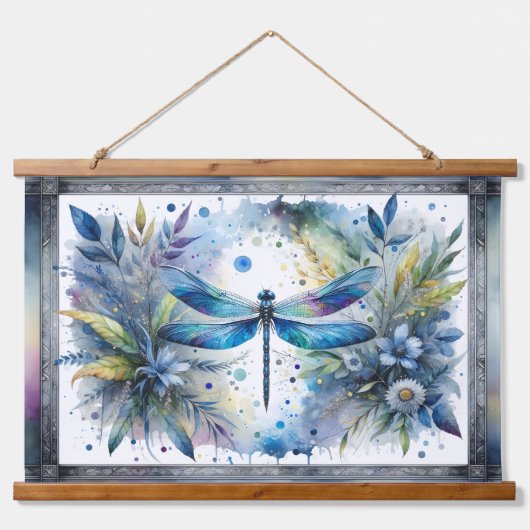 Blauwe Libel Botanische Aquarel Hangend Wandkleed (Voorkant)