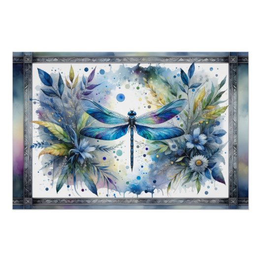 Blauwe Libel Botanische Aquarel Perfect Poster (Voorkant)