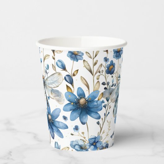 Blauwe libel en bloemen bloemenpapier partij cups papieren bekers (Links)
