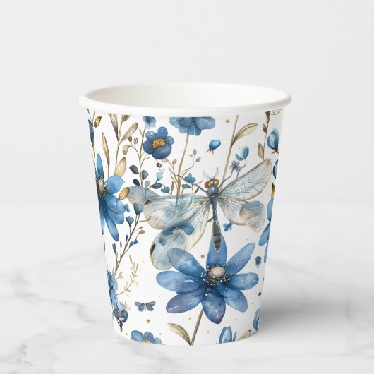Blauwe libel en bloemen bloemenpapier partij cups papieren bekers (Voorkant)