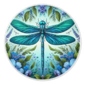 Blauwe libel met bloemen keramische knop (Voorkant)