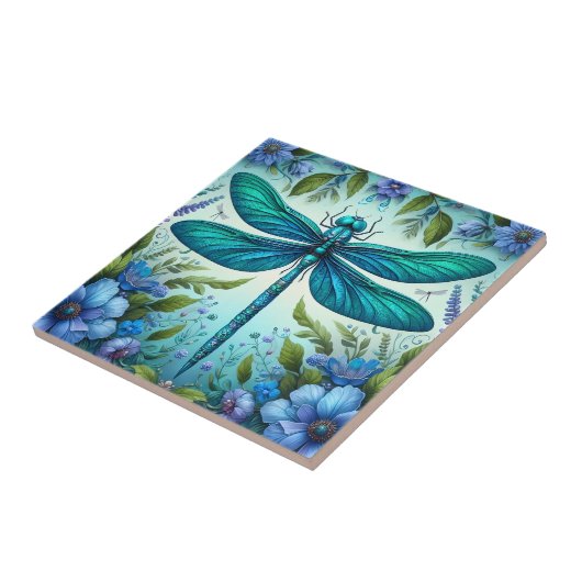 Blauwe libel met bloemen tegeltje (Zijkant)