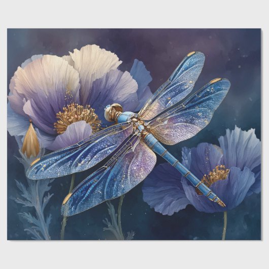 Blauwe Libel met Gouden Vleugels Decoupage Cadeaupapier (Vlak)