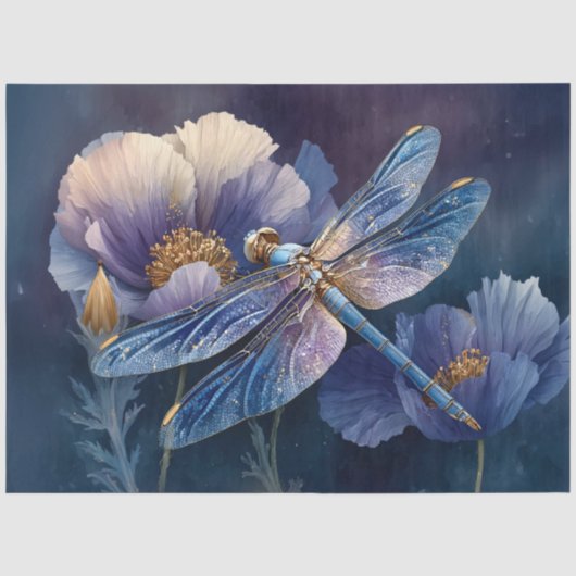 Blauwe Libel met Gouden Vleugels Decoupage Tissuepapier (Voorkant)