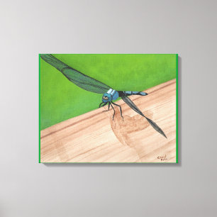 Blauwe Libel op een met Rails Omwikkelde Canvas Afdruk