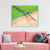 Blauwe Libel op een met Rails Omwikkelde Canvas Afdruk (Insitu (Woonkamer))