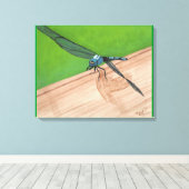 Blauwe Libel op een met Rails Omwikkelde Canvas Afdruk (Insitu (Houten vloer))