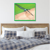Blauwe Libel op een met Rails Omwikkelde Canvas Afdruk (Insitu (Slaapkamer))