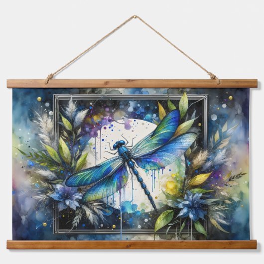 Blauwe Libel Waterverf Botanisch Hangend Wandkleed (Voorkant)